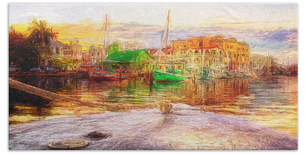 Belize Bath Towel featuring the mixed media Belize City Harbor at sunset by Tatiana Travelways