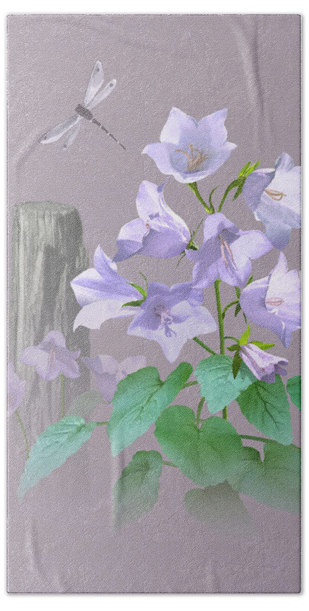 Flowers Bath Towel featuring the digital art Bellflowers by Fence Post by M Spadecaller