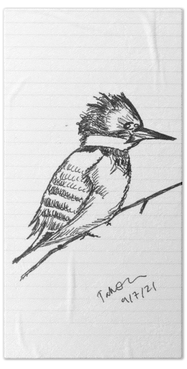 Bird Bath Towel featuring the drawing Belted Kingfisher by Tahmina Watson