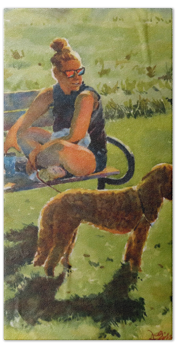 Summer Bath Towel featuring the painting Benched Lady and Her Dog by David Gilmore