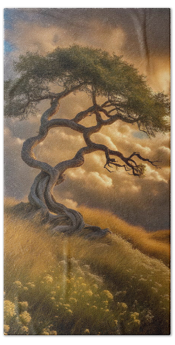 Twisted Tree Hand Towel featuring the digital art Bend and Bloom - Unique Tree in the Dusk Light by Russ Harris