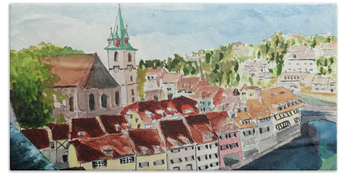 Watercolor Hand Towel featuring the painting Bern, Switzerland by Tracy Hutchinson