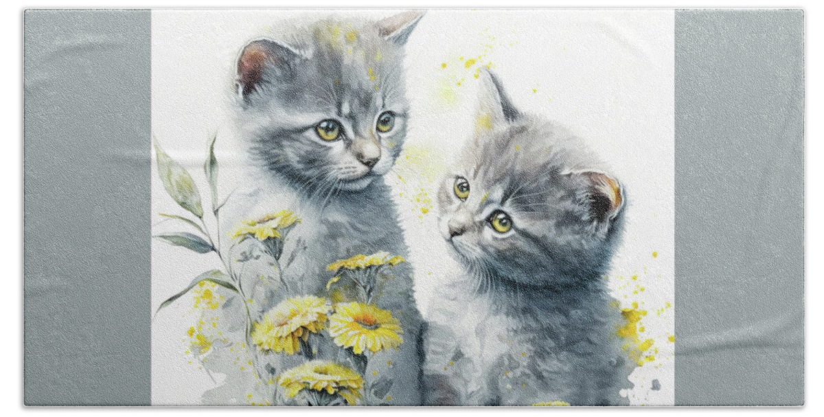 Gray Kittens Bath Towel featuring the painting Best Friends by Tina LeCour