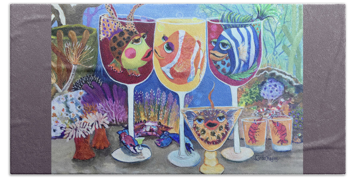 Bestfins Bath Towel featuring the painting BestFins Happy Hour at the Reef Bar by Linda Kegley
