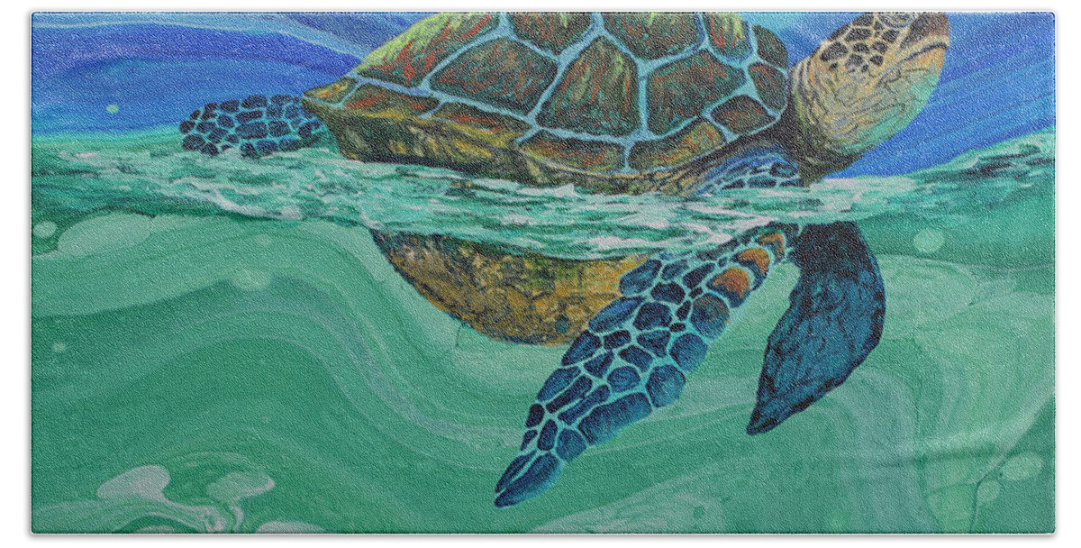 Honu Bath Towel featuring the painting Between Heaven and the Sea by Darice Machel McGuire