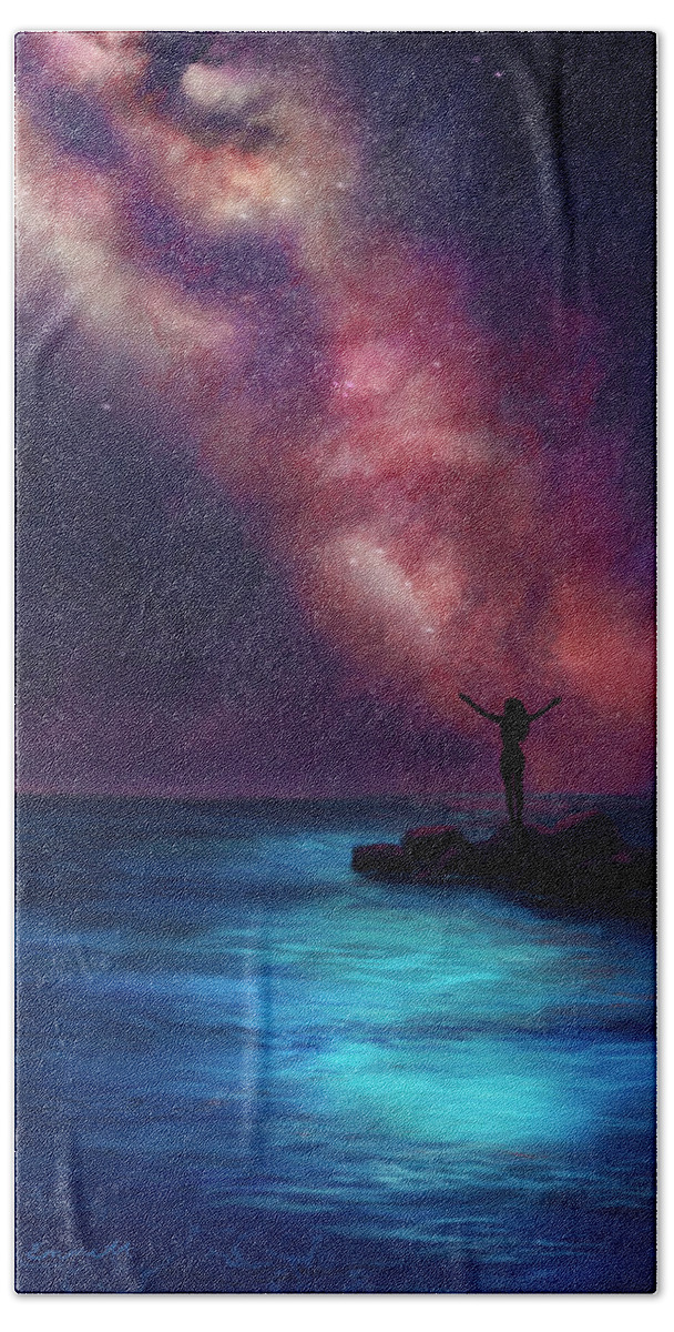 Galaxy Bath Towel featuring the painting Between the Stars and the Sea by Rachel Emmett
