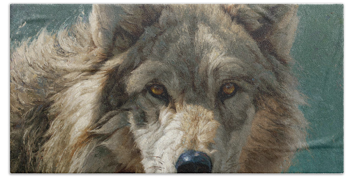 Wolf Hand Towel featuring the painting Beware The Stranger by Greg Beecham