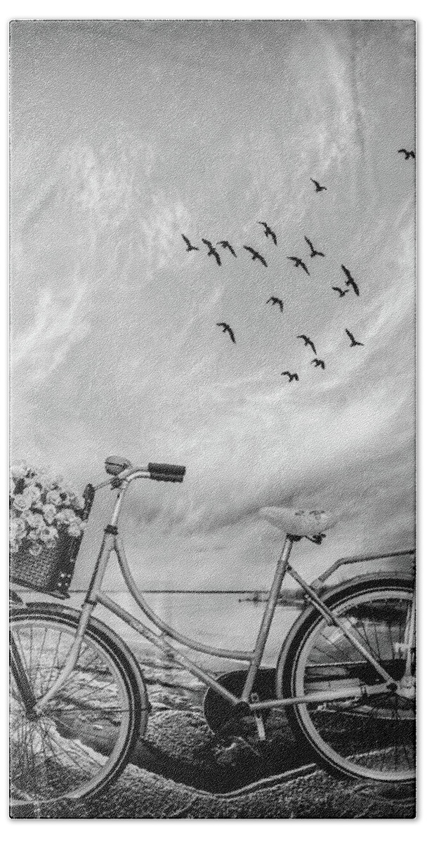 Bike Bath Towel featuring the photograph Bicycle at the Lake Beach II Black and White by Debra and Dave Vanderlaan