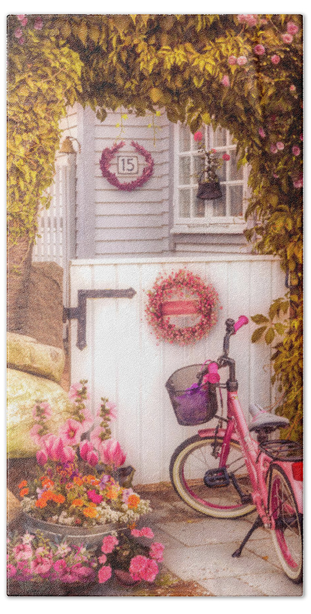 Spring Bath Towel featuring the photograph Bicycle Waiting at the Garden Gate in the Early Evening by Debra and Dave Vanderlaan