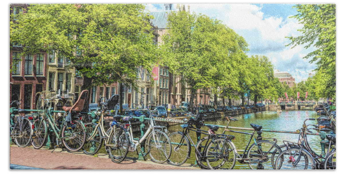 Amsterdam Bath Towel featuring the photograph Bicycles Along the Canals by Debra and Dave Vanderlaan