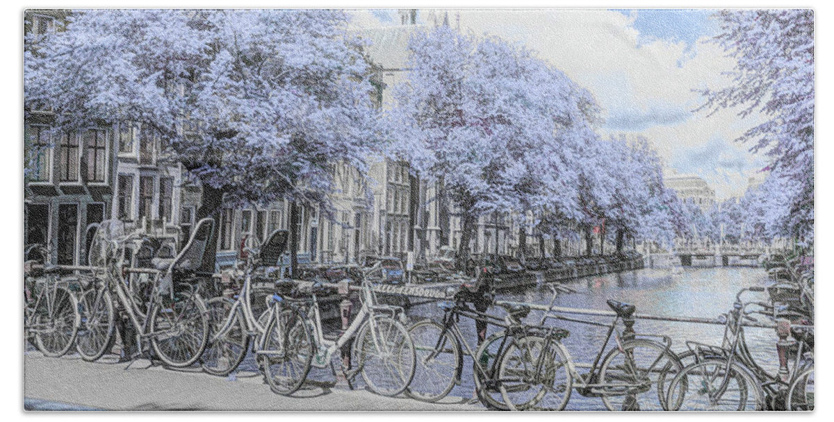 Amsterdam Bath Towel featuring the photograph Bicycles Along the Canals in Blues and Black and White by Debra and Dave Vanderlaan