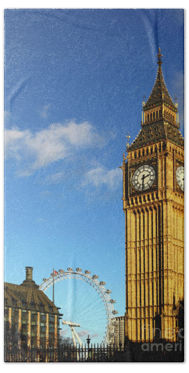 Big Ben Bath Sheet featuring the photograph Big Ben and London Eye by James Brunker