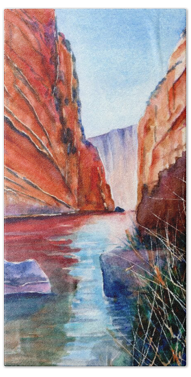 Texas Hand Towel featuring the painting Big Bend Texas Santa Elena Canyon by Carlin Blahnik CarlinArtWatercolor