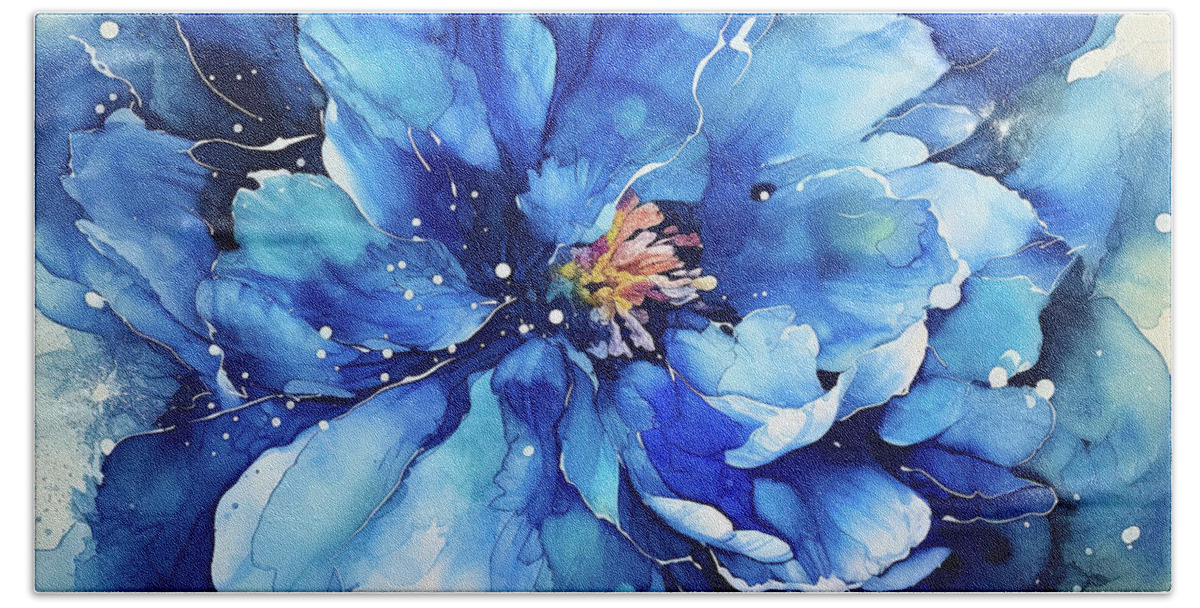 Peony Hand Towel featuring the painting Big Blue Peony Flower by Tina LeCour