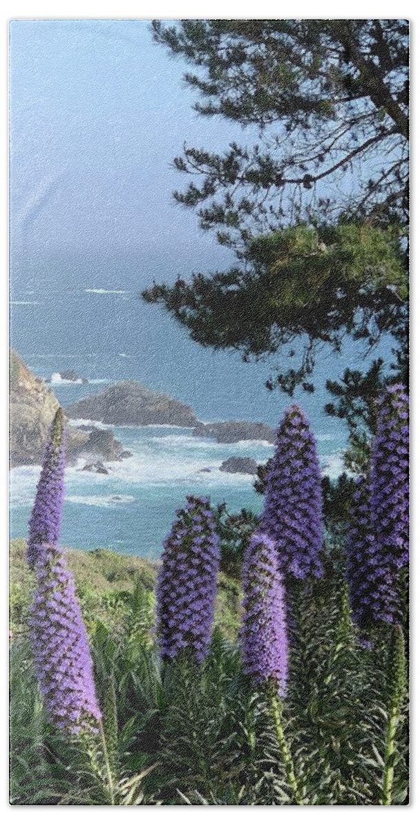 Ocean Bath Towel featuring the photograph Big Sur Coast Purple Flowers by Sandy Rakowitz