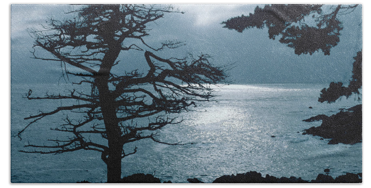 Lone Cypress Bath Towel featuring the photograph Lone Cypress - Silhouette - Big Sur - Monterey - California. by Bonnie Colgan
