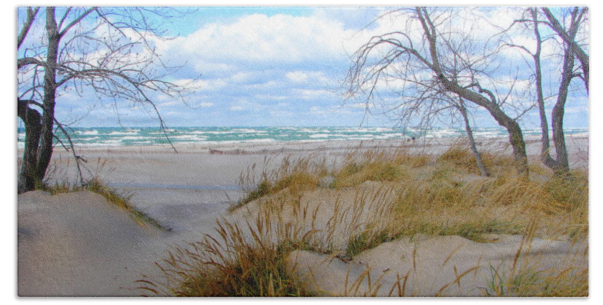 Trees Bath Towel featuring the photograph Big Waves on Lake Michigan by Michelle Calkins