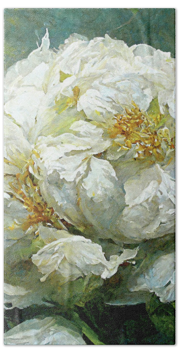 Peony Hand Towel featuring the painting Big White Peony 2 by Tina LeCour