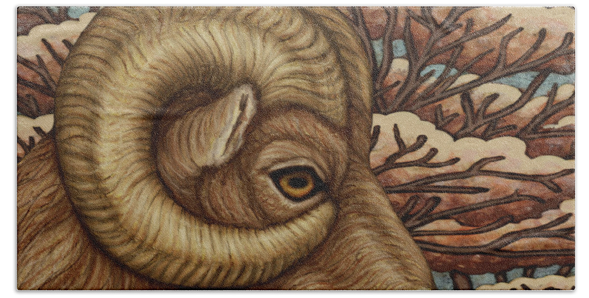 Ram Bath Towel featuring the painting Bighorn Grandeur by Amy E Fraser