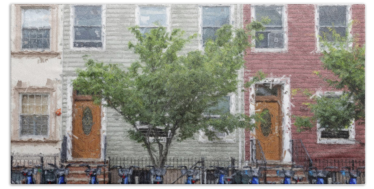 Bikes Bath Towel featuring the digital art Bikes in Brooklyn by Alison Frank