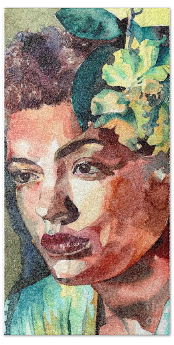 Billie Holiday Bath Sheet featuring the painting Billie Holiday Portrait by Suzann Sines