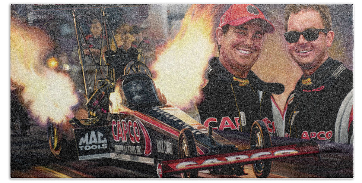 Drag Racing Nhra Top Fuel Funny Car John Force Kenny Youngblood Nitro Champion March Meet Images Image Race Track Fuel Billy Steve Torrence Nostalgia Capco Hand Towel featuring the painting Billy and Steve by Kenny Youngblood