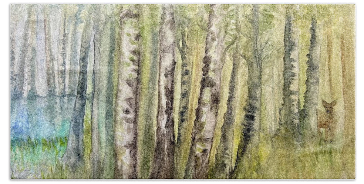 Birch Trees Bath Towel featuring the painting Birch Forest Visitor by Deb Stroh-Larson