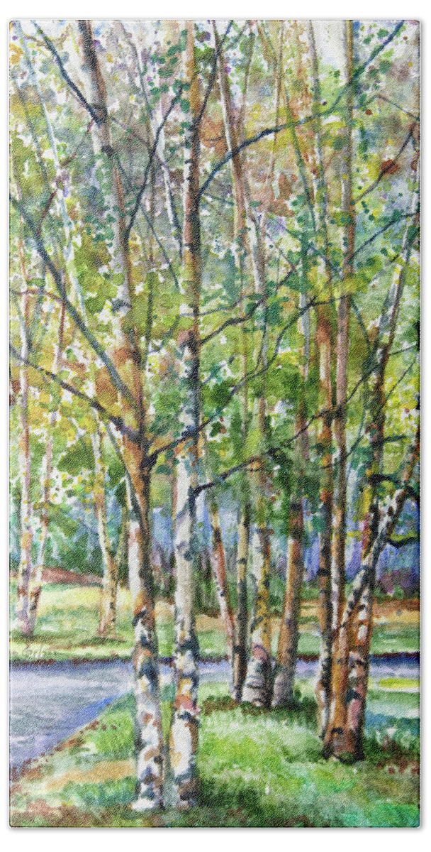 Birch Trees Hand Towel featuring the painting Birch Trees by Patricia Allingham Carlson
