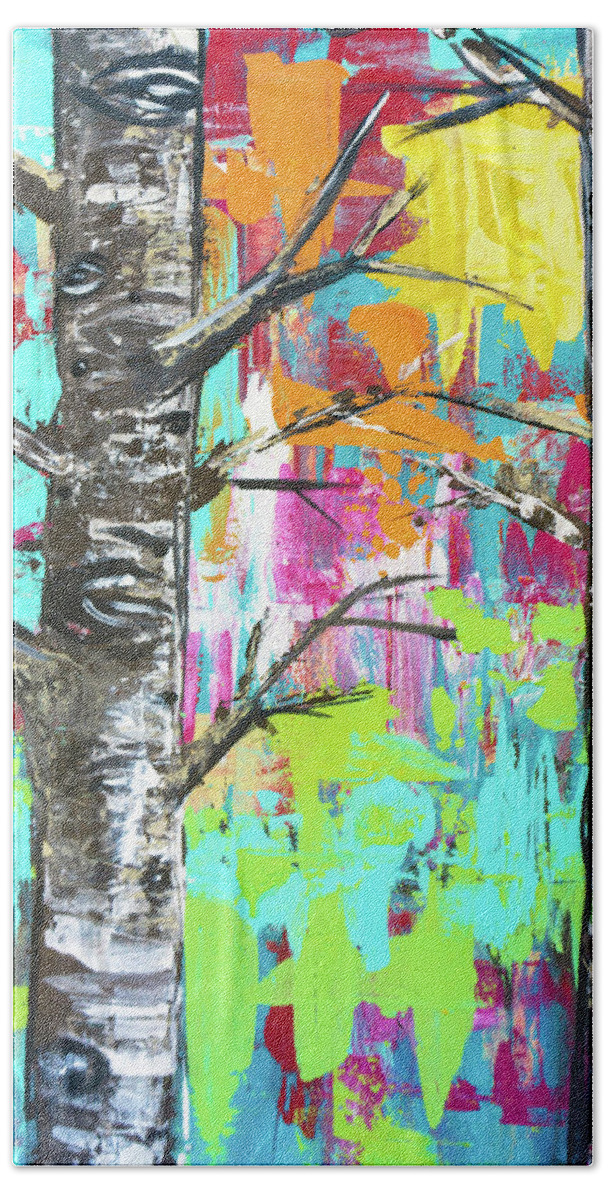Birch Bath Towel featuring the painting Birch Wood Trees at Sunset in the Forest by Joanne Herrmann