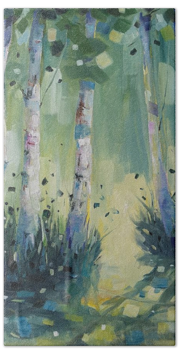 Birches Hand Towel featuring the painting Birches with Portal by Sheila Romard
