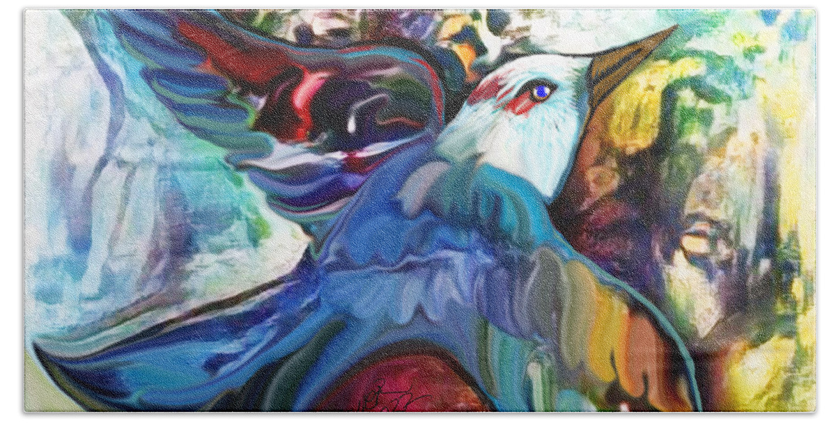 American Art Bath Towel featuring the digital art Bird Flying Solo 012 by Stacey Mayer