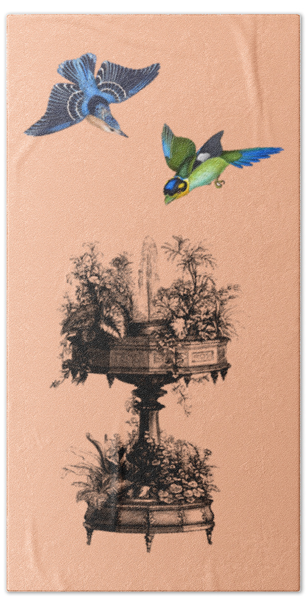 Birds Hand Towel featuring the digital art Bird Fountain In Pink by Madame Memento