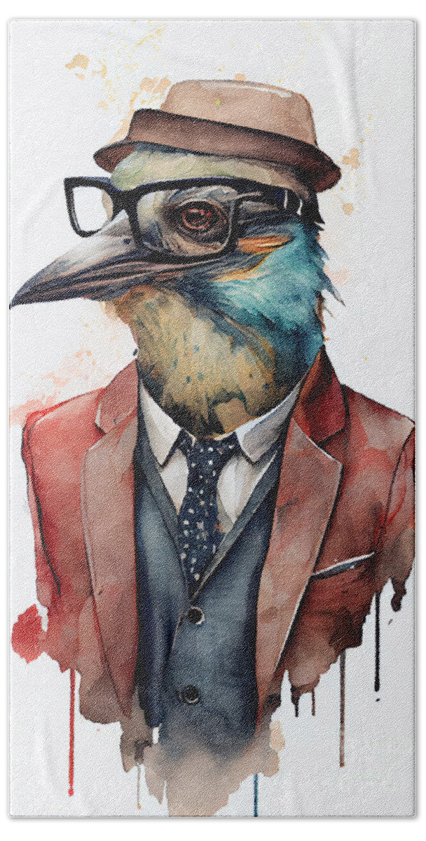 Bird Hand Towel featuring the painting Bird in Suit Watercolor Hipster Animal Retro Costume by Jeff Creation