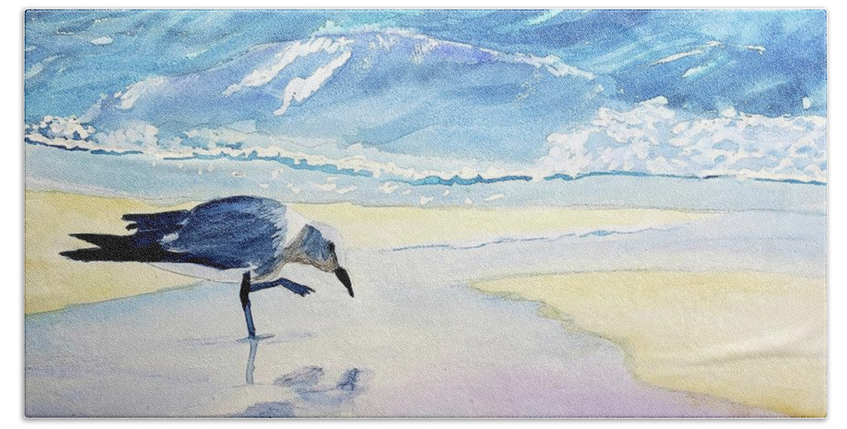 Emerald Coast Bath Towel featuring the painting Bird on the Beach 1 by Ann Frederick