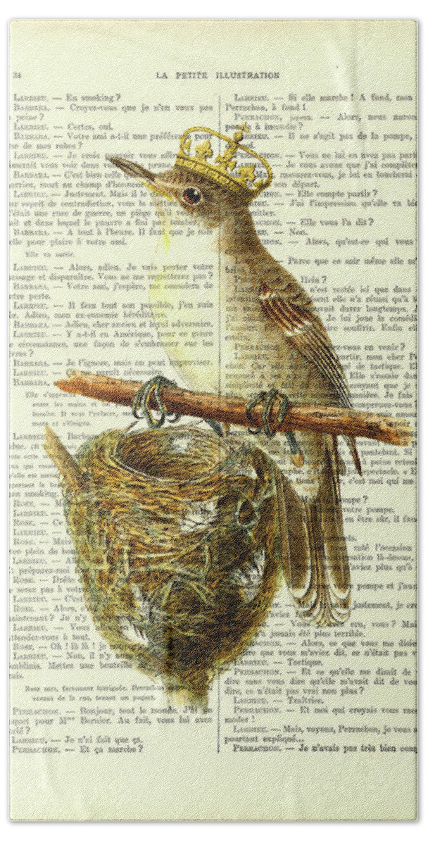 Bird Hand Towel featuring the digital art Bird with golden crown and bird's nest art by Madame Memento