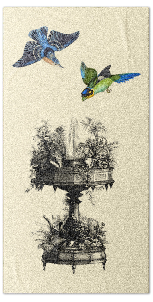 Birds Hand Towel featuring the digital art Birds With Water Fountain by Madame Memento