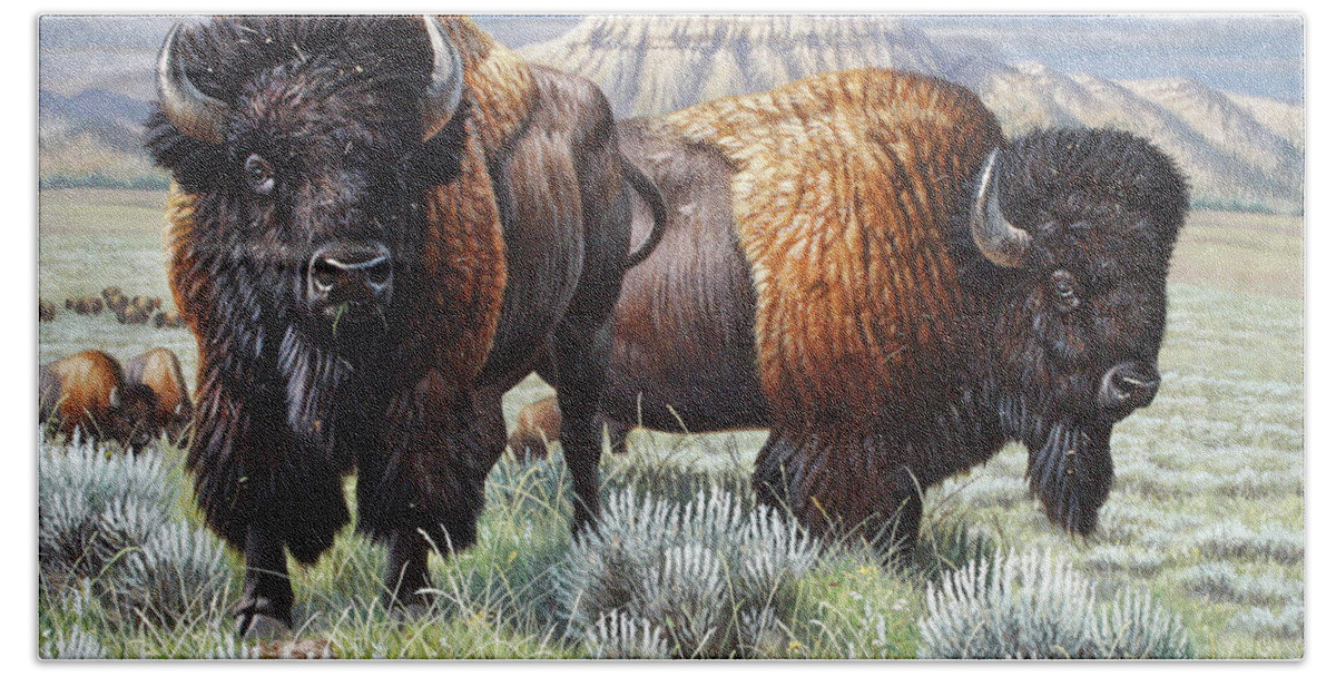 Cynthie Fisher Hand Towel featuring the painting Bison Finish by Cynthie Fisher