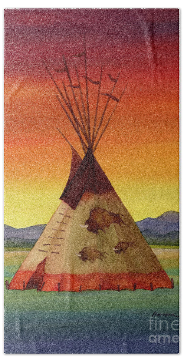 Tipi Hand Towel featuring the painting Bison Tepee 2 by Hailey E Herrera