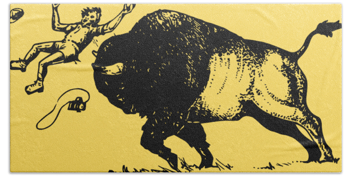 Yellowstone National Park Bath Towel featuring the photograph Bison Throwing Tourist Shirt Design by Max Waugh