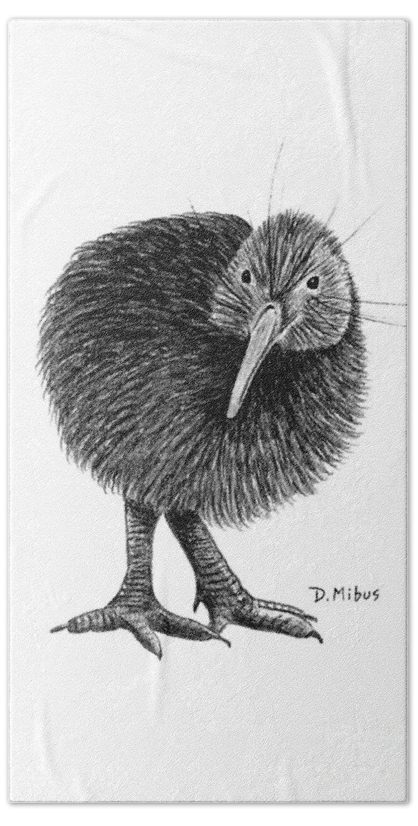 New Zealand Bird Bath Towel featuring the drawing Black and White Kiwi Bird of New Zealand by Donna Mibus