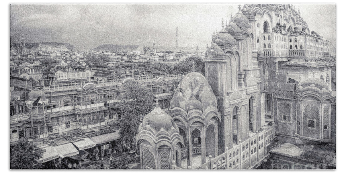 Jaipur Hand Towel featuring the photograph Black and White - Panorama from Palace of Winds Jaipur Rajasthan India by Stefano Senise