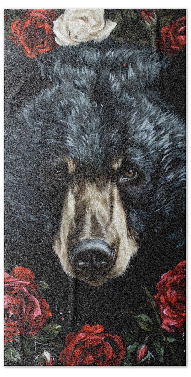 Bear Bath Towel featuring the painting Black Bear And Roses by Tina LeCour