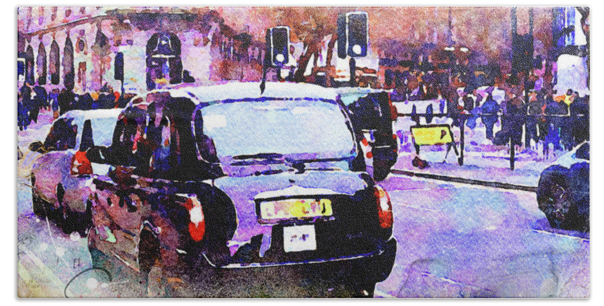 London Bath Towel featuring the mixed media Black Cab on Streets of London by Nicky Jameson