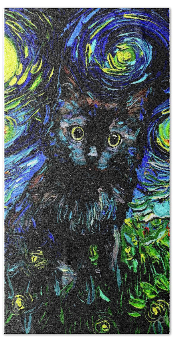 Black Cat Night 3 Bath Towel featuring the painting Black Cat Night 3 by Aja Trier