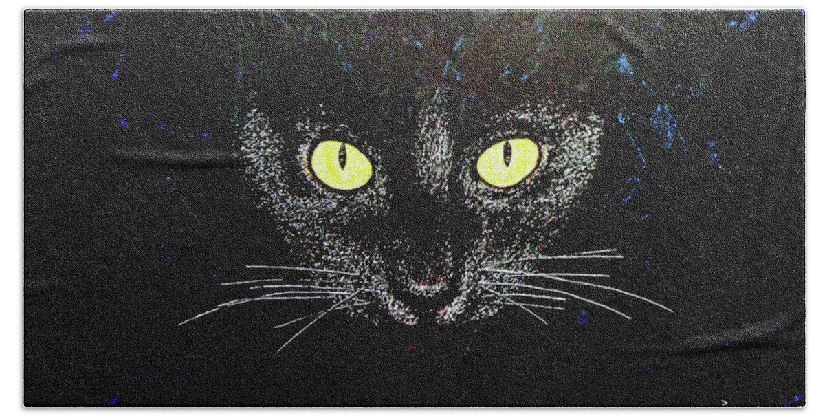 Black Bath Towel featuring the painting Black Cat by Viktor Lazarev