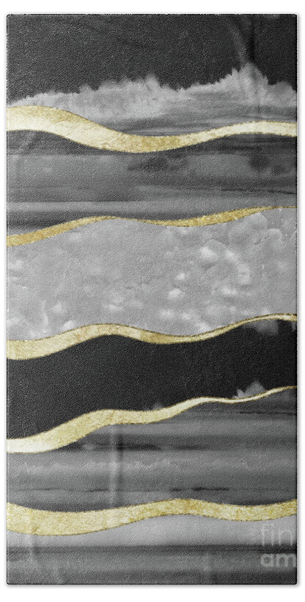 Collage Hand Towel featuring the mixed media Black Gray White Agate Gold Stripe Glam #1 #gem #decor #art by Anitas and Bellas Art
