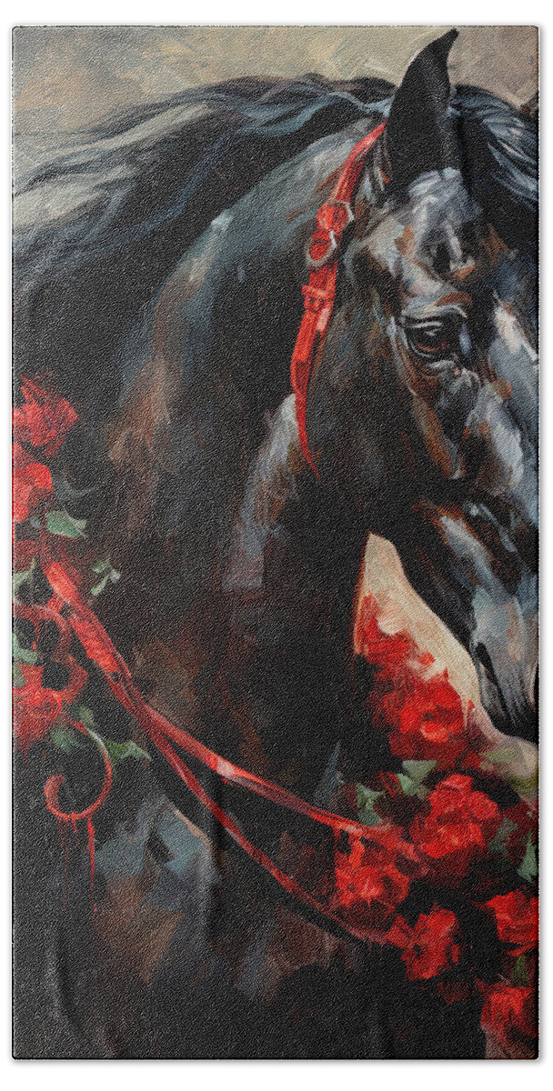 Horse With Roses Hand Towel featuring the painting Black Horse with Wreath of Roses by Lourry Legarde