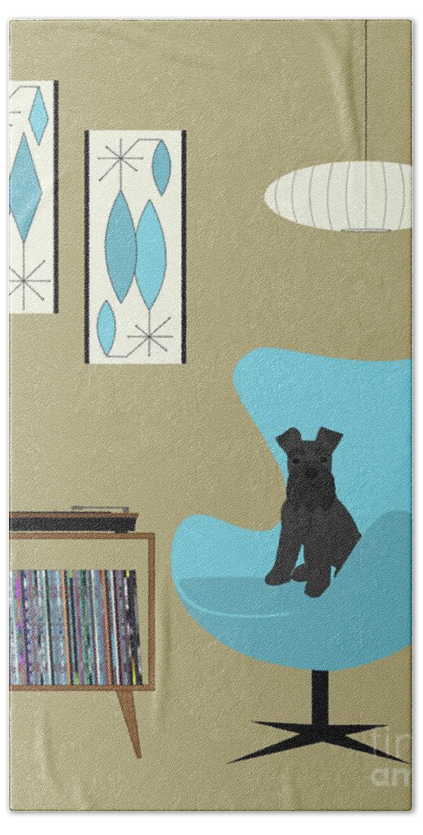 Mini Schnauzer Dog Bath Towel featuring the digital art Black Mini Schnauzer with Record Player by Donna Mibus