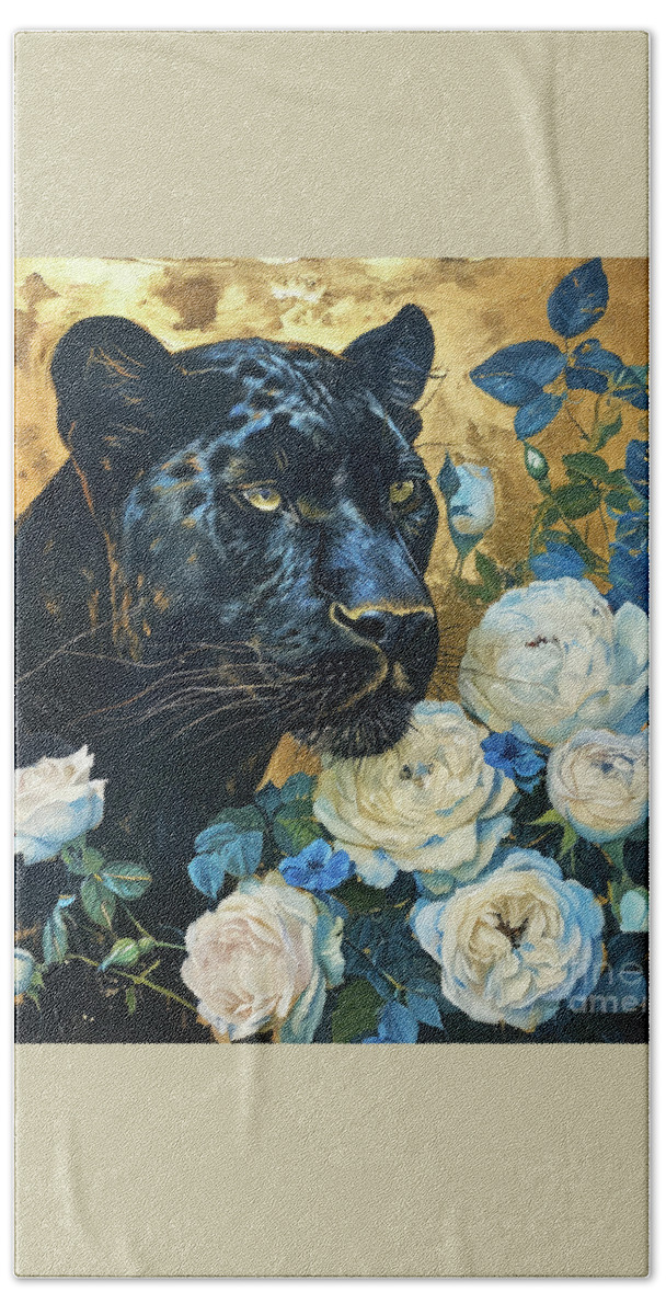 Panther Bath Towel featuring the painting Black Panther In Roses by Tina LeCour
