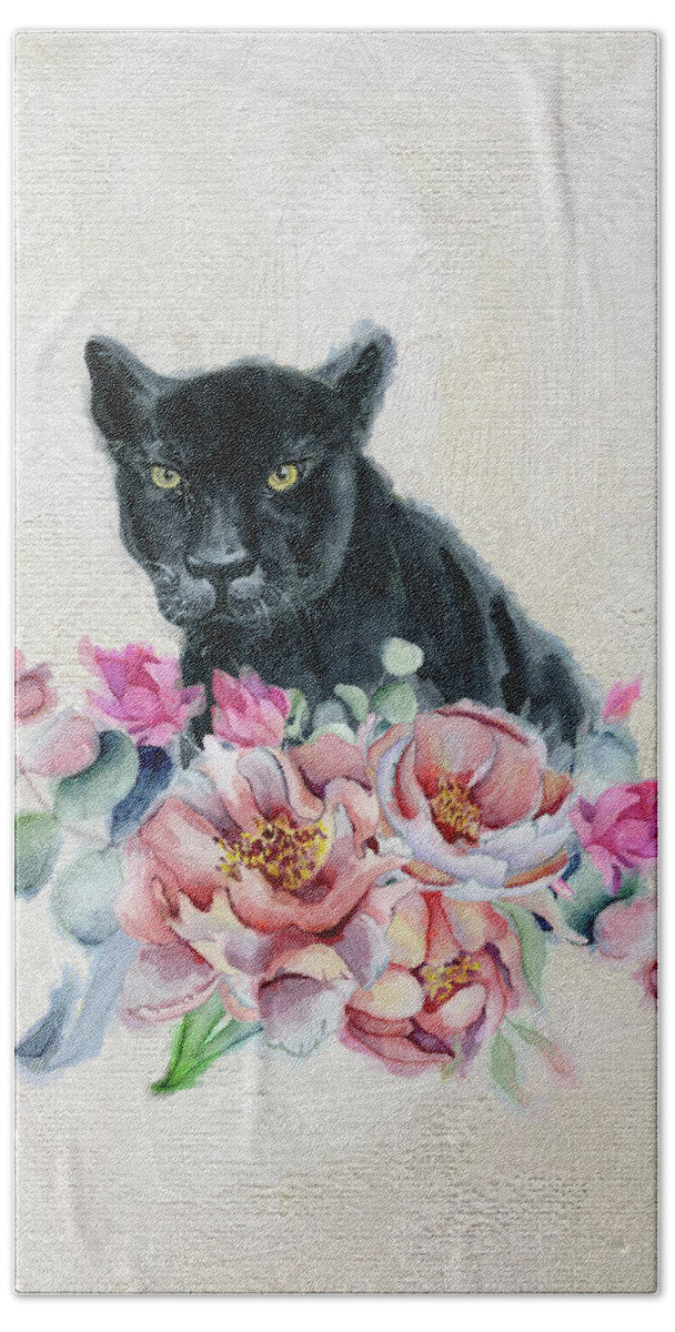 Black Panther Hand Towel featuring the painting Black Panther With Flowers by Garden Of Delights